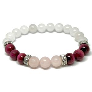 Minerální náramek křišťál, tygří oko, růženín - RŮŽIČKA